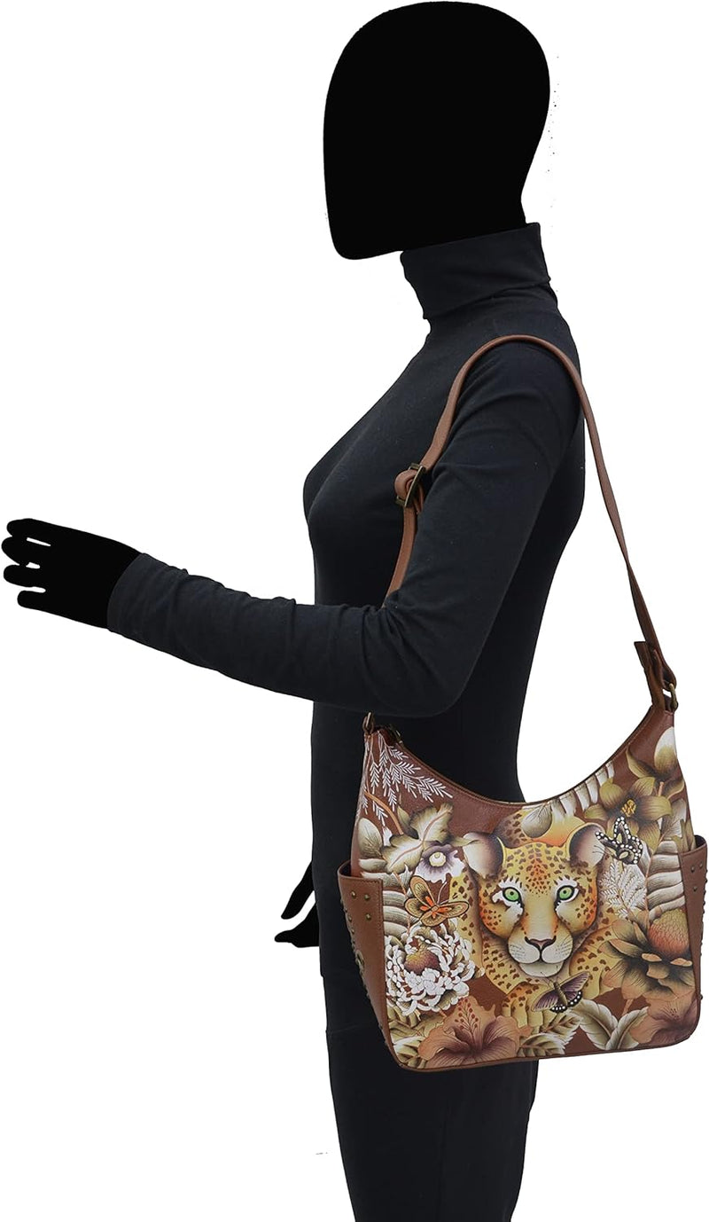 Anuschka Klassische Handbemalte Hobo Tasche aus echtem Leder mit beschlagenen Seitenfächern Cleopatr