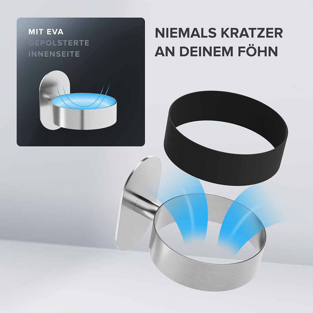 Haartrocknerhalter Glyngore | Edelstahl | Silber | mit Wandmontage ohne Bohren | mit Fönpolsterung |