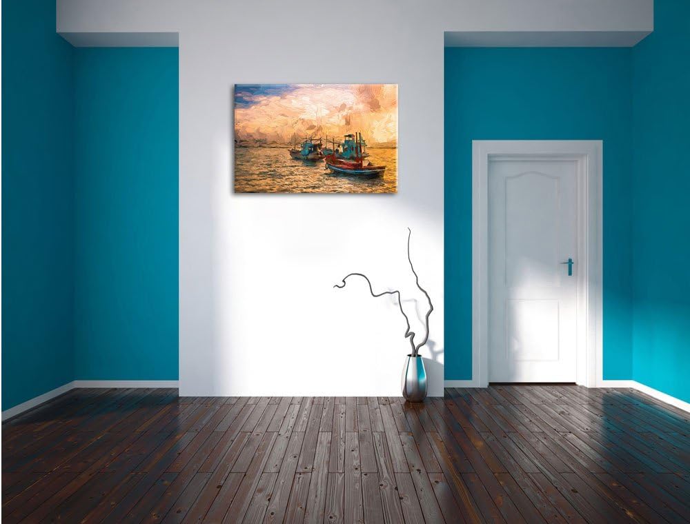 Pixxprint thailändische Fischerboote im Meer Kunst Pinsel Effekt, Format: 100x70 auf Leinwand, XXL r