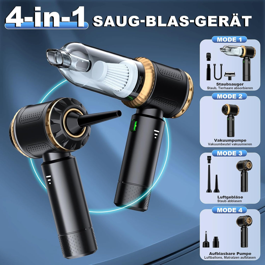 Handstaubsauger Akku 4-in-1, 25000PA Auto Staubsauger Stark, 3-Gang Handstaubsauger kabellos mit Bür