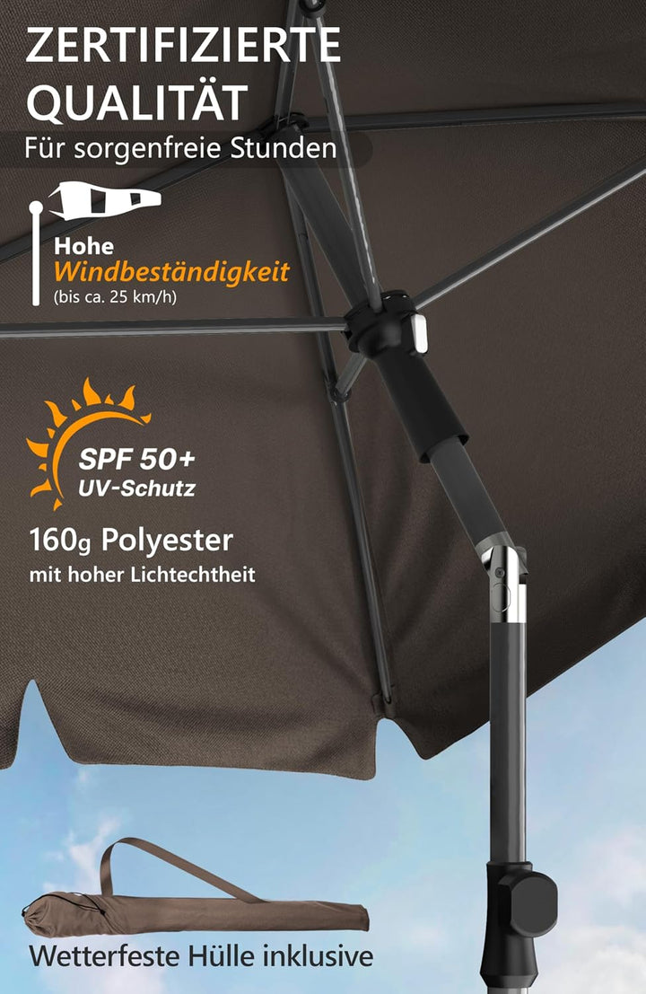 4smile Sonnenschirm Balkon 200 × 125 cm, Sonnenschirm rechteckig mit UPF 50+, 45° knickbar & höhenve