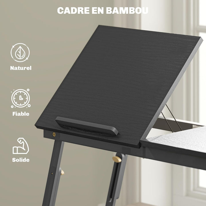 HOMCOM Klappbarer und verstellbarer Betttisch, Laptop-Tisch mit neigbarer Tischplatte, Schublade, Ba