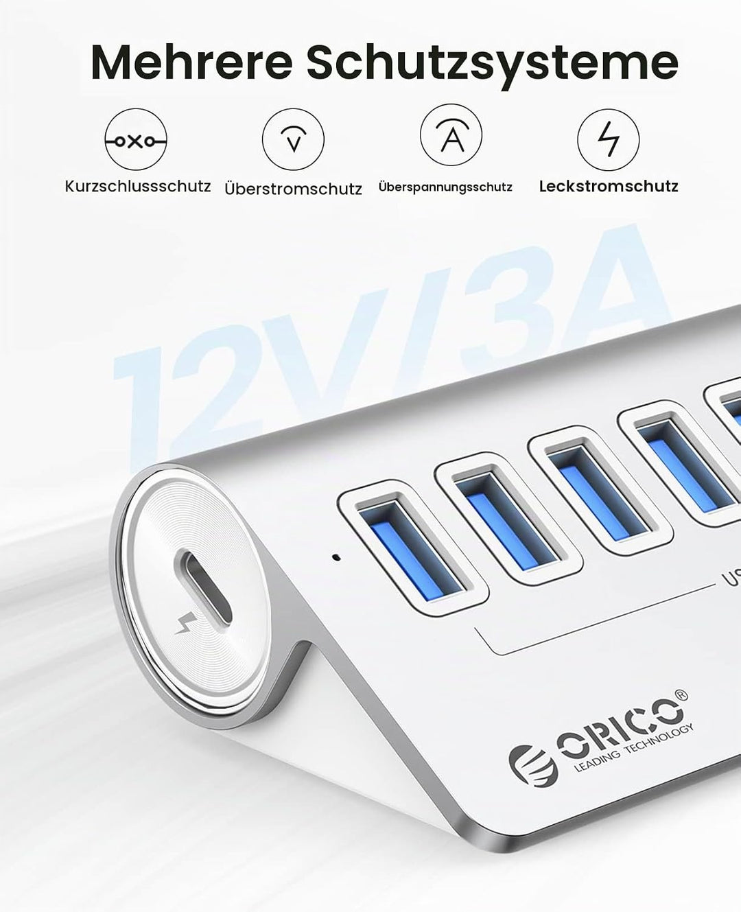 USB C Hub, ORICO USB 3.2 Gen 2 Hub, USB Verteiler 7 Port mit 10Gbps High Speed Datenübertragung, Alu