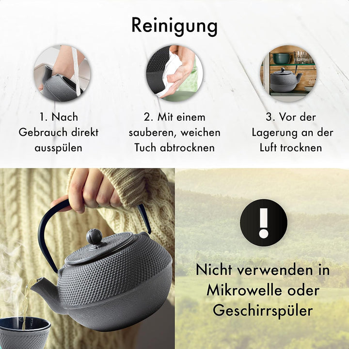 Tealøv TEEKANNE GUSSEISEN SET 1,1 LITER IN GESCHENKBOX | Komplettes Teeservice aus Gusseisen | Gusse