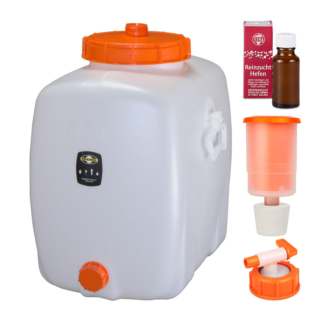 Mostfass 60 Liter Komplett Set inkl. Hahn, Gärspund und Hefe, Reinzuchthefe Steinberg, Gärfass (60 L