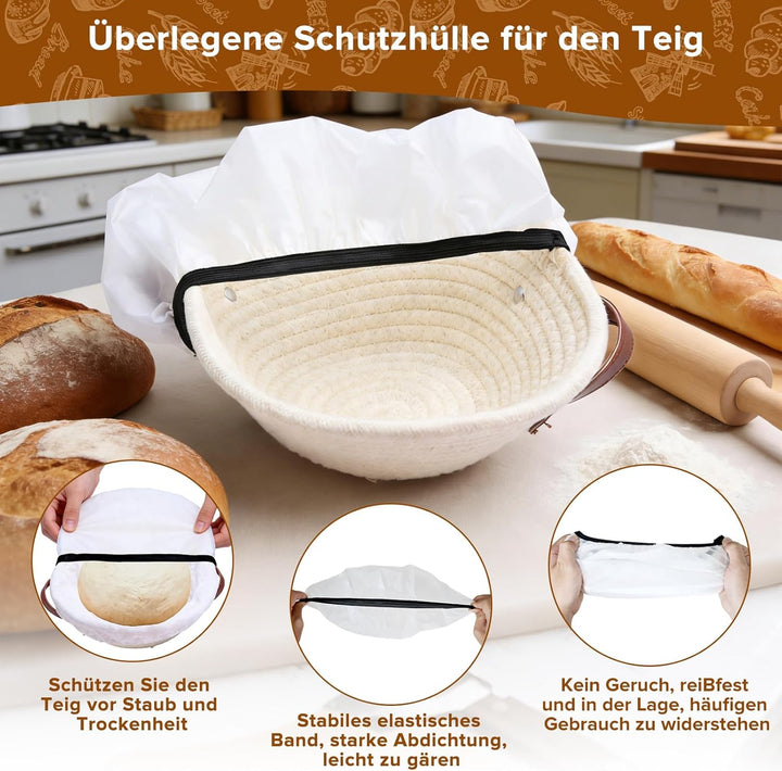 Gärkorb Brot Set, Gärkörbchen Baumwollseil Rund 23 cm mit Griff, Inklusive Gärfolie, Bäckermesser, T