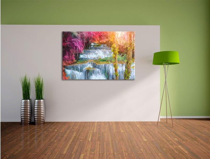 Pixxprint Wasserfall im Regenwald / 100x70cm Leinwandbild bespannt auf Holzrahmen/Wandbild Kunstdruc