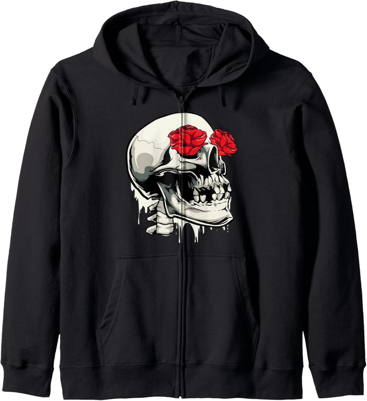 Skelett Kopf Rote Rose Blume Augen Okkult Totenkopf Schädel Kapuzenjacke