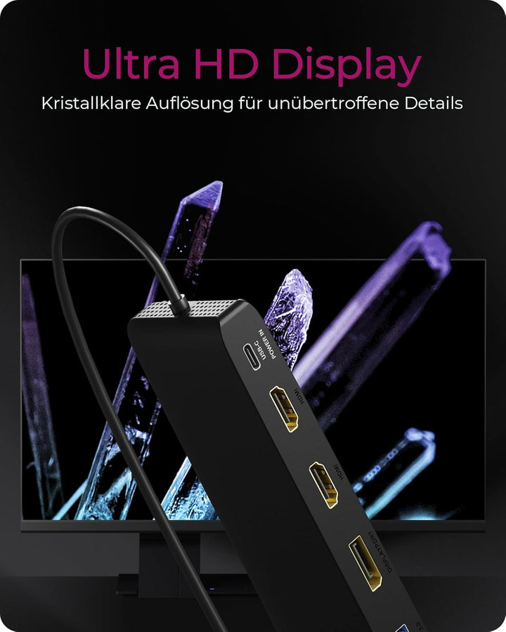 ICY BOX USB-C Docking Station (11-in-1) für 3 Monitore (2X HDMI & 1x DP), 4K 60Hz, 4X USB 3.0 HUB, 1