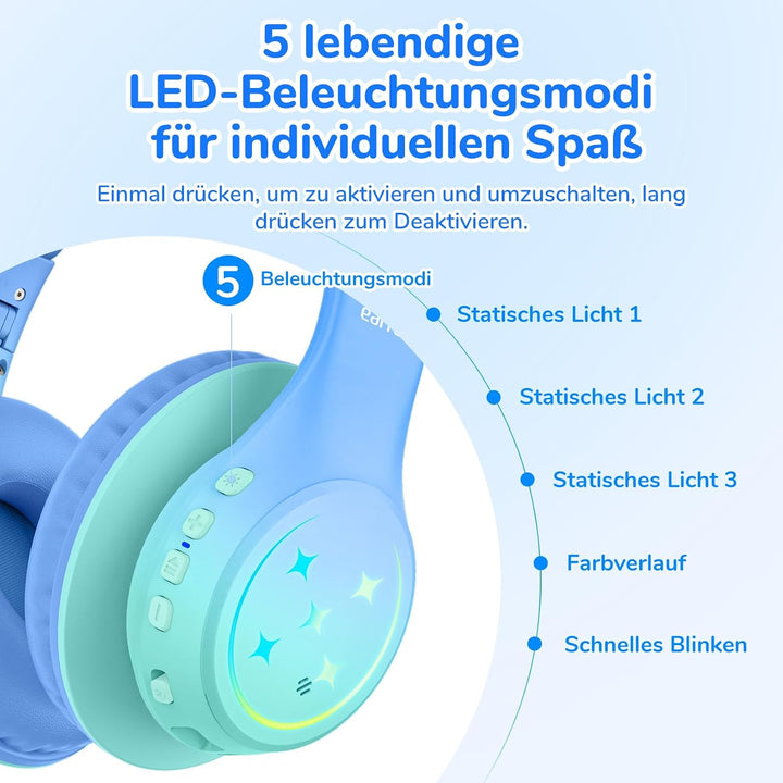 EarFun Bluetooth Kopfhörer Kinder, 5 LED Beleuchtungsmodi, und AUX Kabel | 74/85/94 dBA Lautstärkebe