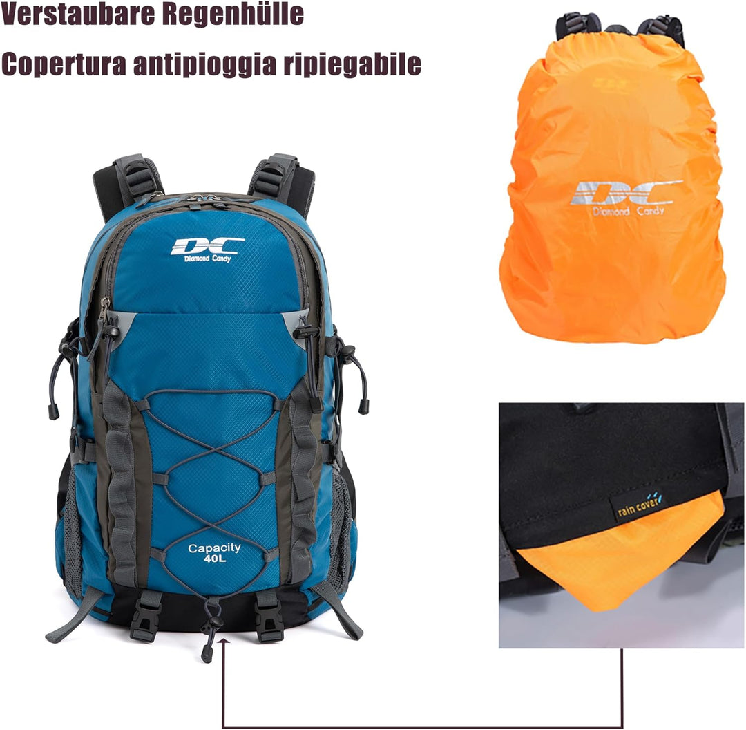 Wanderrucksack 40l Damen Herren Rucksack Wasserdicht Reiserucksack mit Regenschutz Blau, Blau