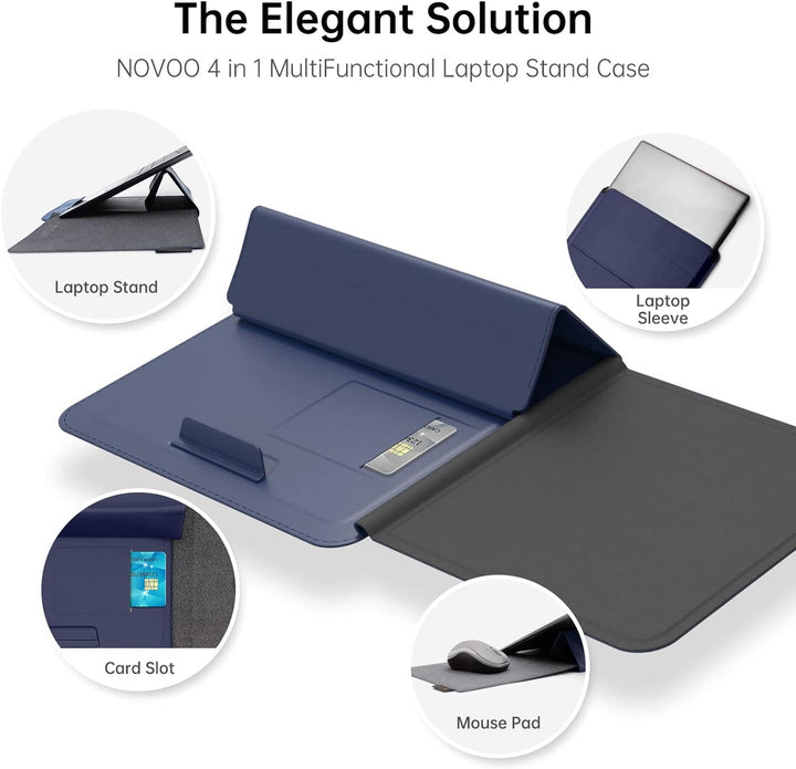 NOVOO RT13 4-in-1 Laptop-Schutzhülle für Leder, wasserdicht, ergonomische Ständer, Kartenfächer, Mau