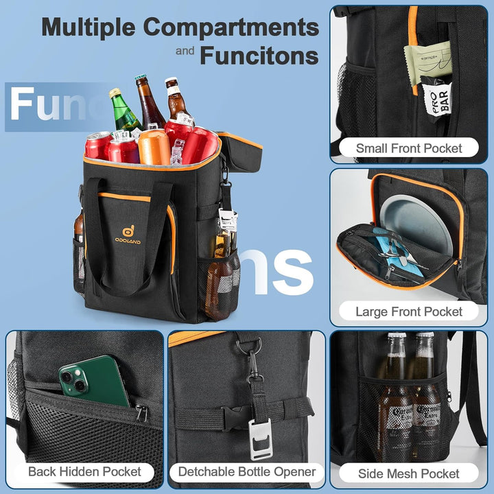 Odoland Kühlrucksack mit 3 Kühlakkus, 30 can Thermo Kühltasche Wasserdicht Rucksack zum Kühl mit Fla