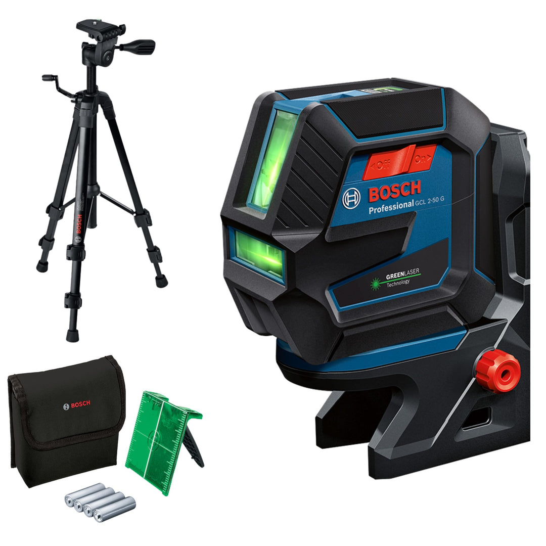 Bosch Professional Kreuzlinienlaser GCL 2-50 G (grüner Laser, Innenbereich, Halterung RM 10, Stativ