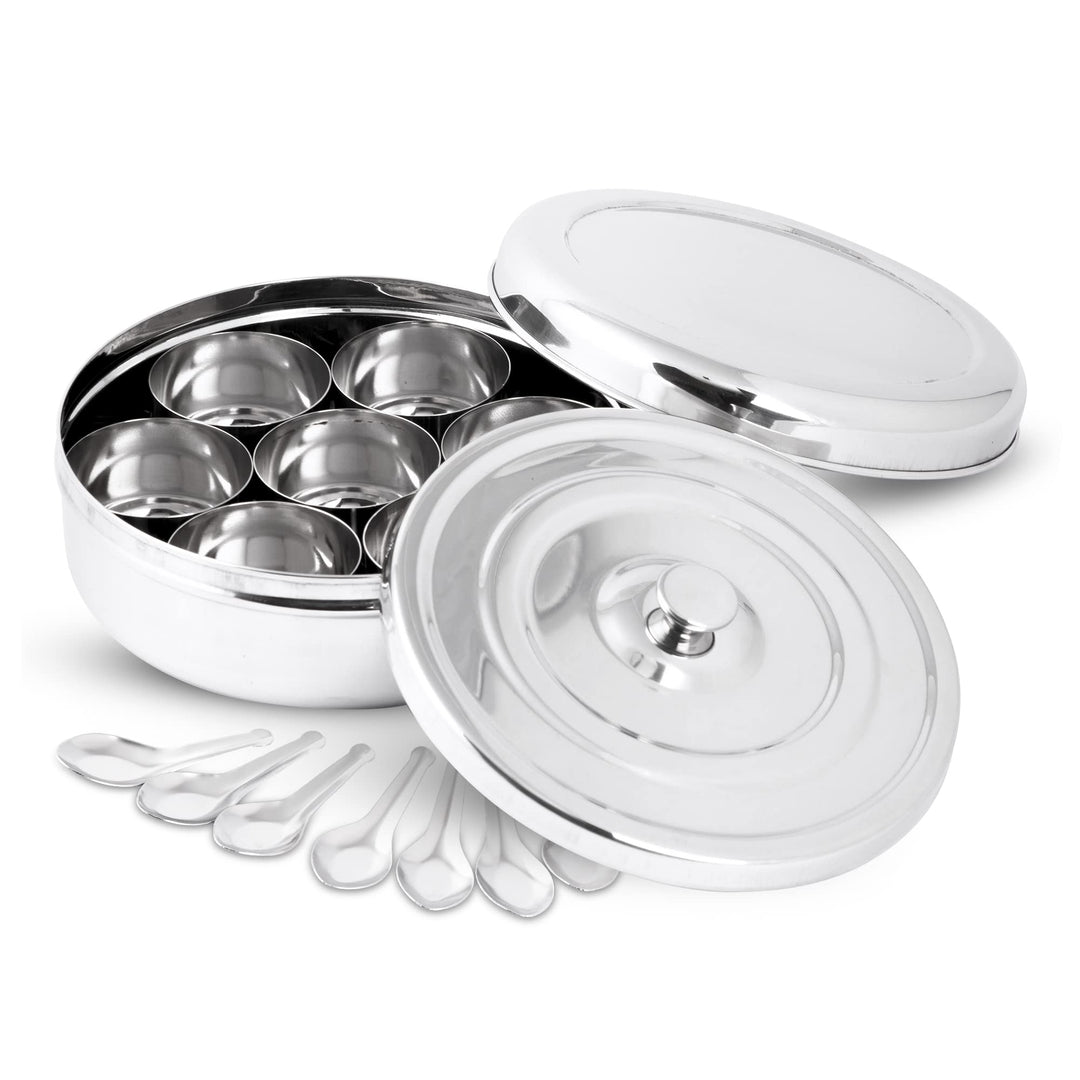 KSJONE Doppeldeckel-Gewürzbehälter Masala Dabba mit 7 Fächern und 7 Löffeln, Masala-Box, Gewürzbehäl