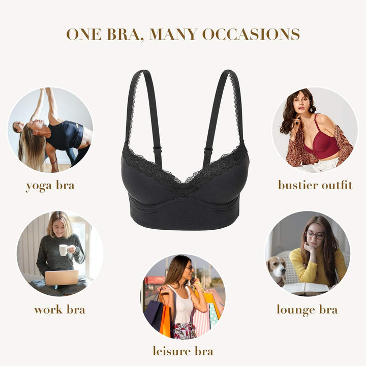 DOBREVA Push Up BH Damen ohne Bügel Soft Gepolstert Bügelloser Bralette mit Spitze 70A Schwarz, 70A
