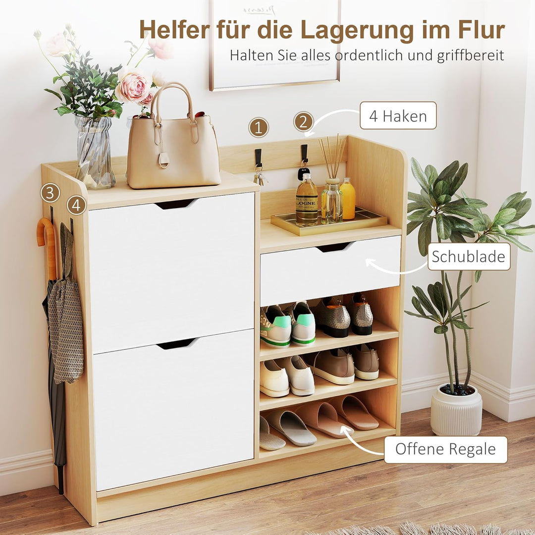 HOMCOM Schuhschrank mit 2 Klappen, Multifunktional Schuhkipper, Schuhregal mit offenen Fächern, vers