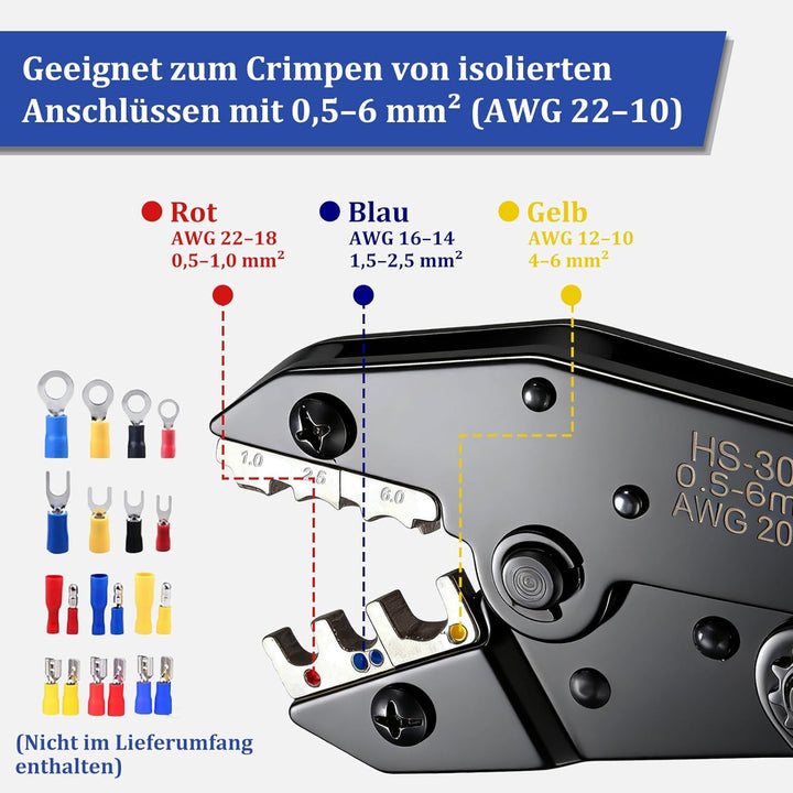 Crimpzange für isolierte Kabelschuhe, Crimpzange geeignet für 0,5-6 mm², Kabelschuhzange Crimpzange