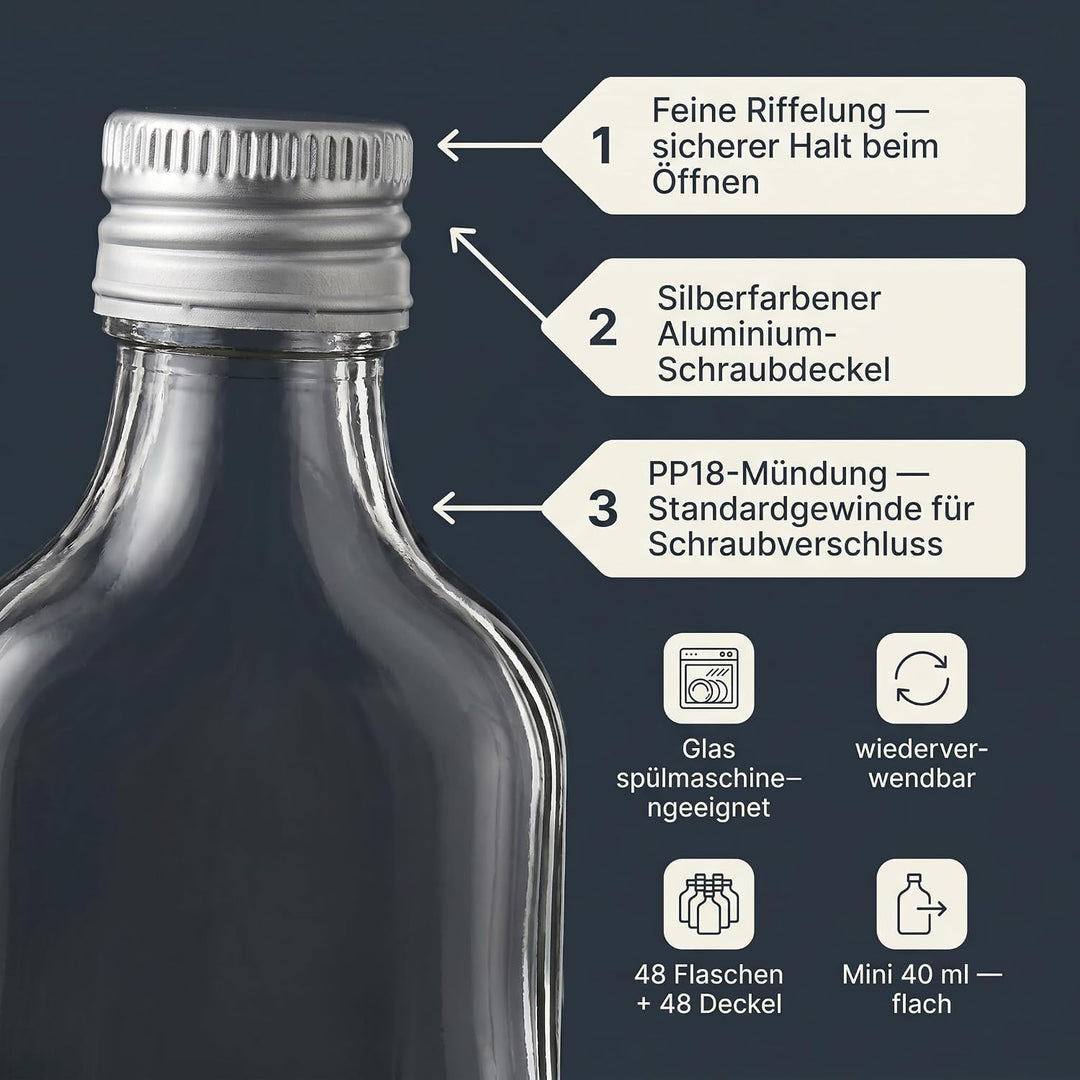 gouveo 48er Set Mini Glasflaschen 40 ml (0,04 l) Flachmann mit Schraubverschluss silberfarben – Klei