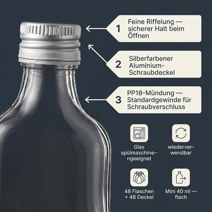 gouveo 48er Set Mini Glasflaschen 40 ml (0,04 l) Flachmann mit Schraubverschluss silberfarben – Klei