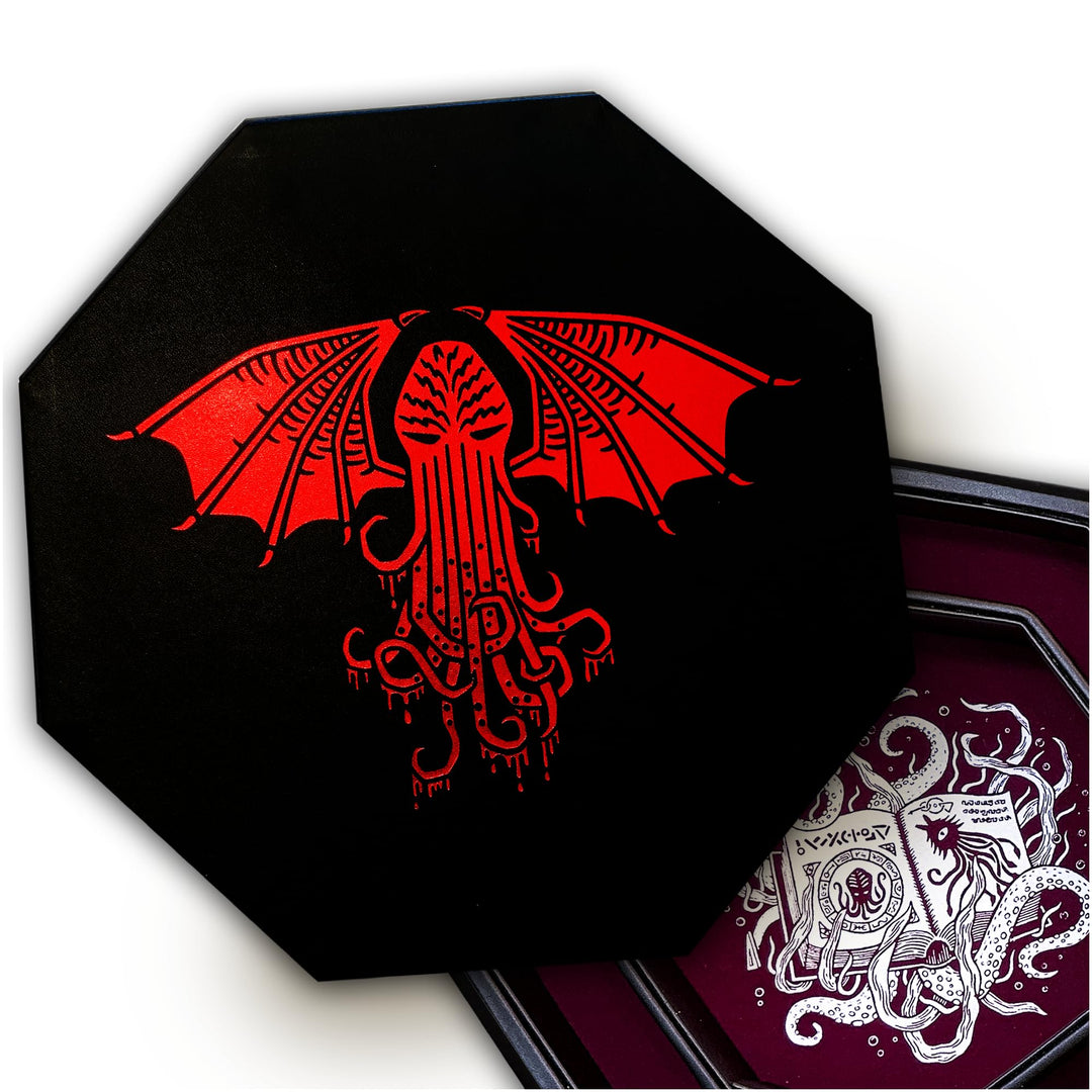 Fantasydice-Cthulhu Tome-RED- Dice Storage and Rolling Tray - 20CM Octagon with Lid and Dice Staging