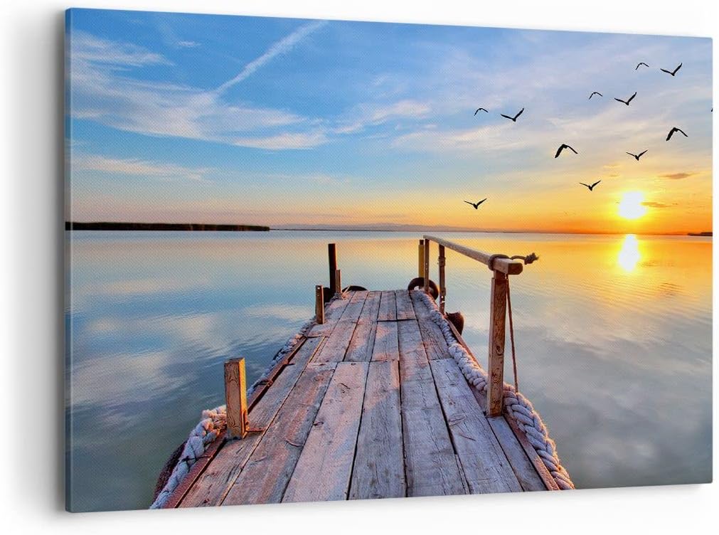 ARTTOR Bilder auf Leinwand 100x70cm Leinwandbild See Natur Brücke Vögel Gross Wanddeko Bild Schlafzi