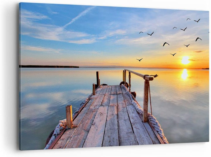 ARTTOR Bilder auf Leinwand 100x70cm Leinwandbild See Natur Brücke Vögel Gross Wanddeko Bild Schlafzi