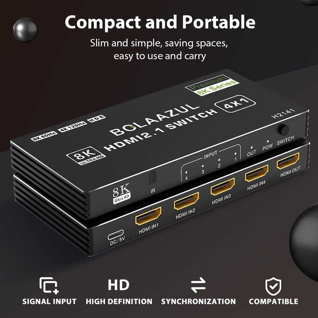 Bolaazul 8K@60Hz HDMI 2.1 Splitter Switcher Box 4-Port mit IR Fernbedienung 4K@120Hz 2K@144Hz, HDR,