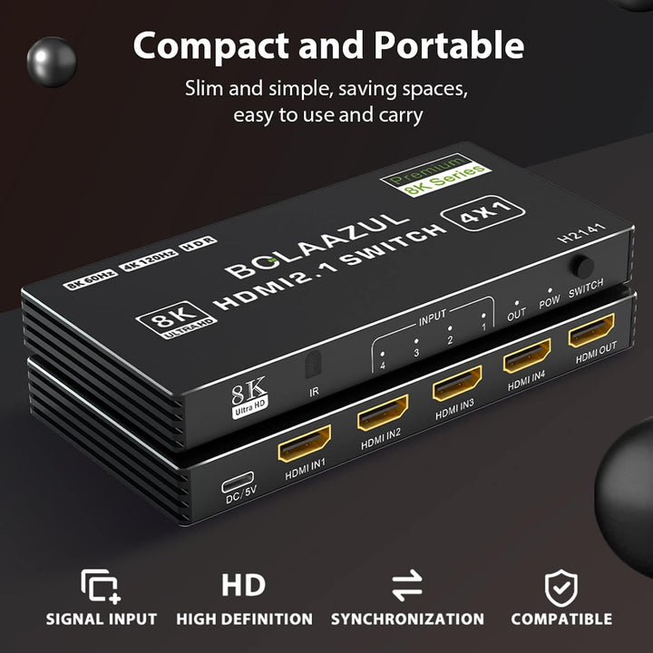 Bolaazul 8K@60Hz HDMI 2.1 Splitter Switcher Box 4-Port mit IR Fernbedienung 4K@120Hz 2K@144Hz, HDR,