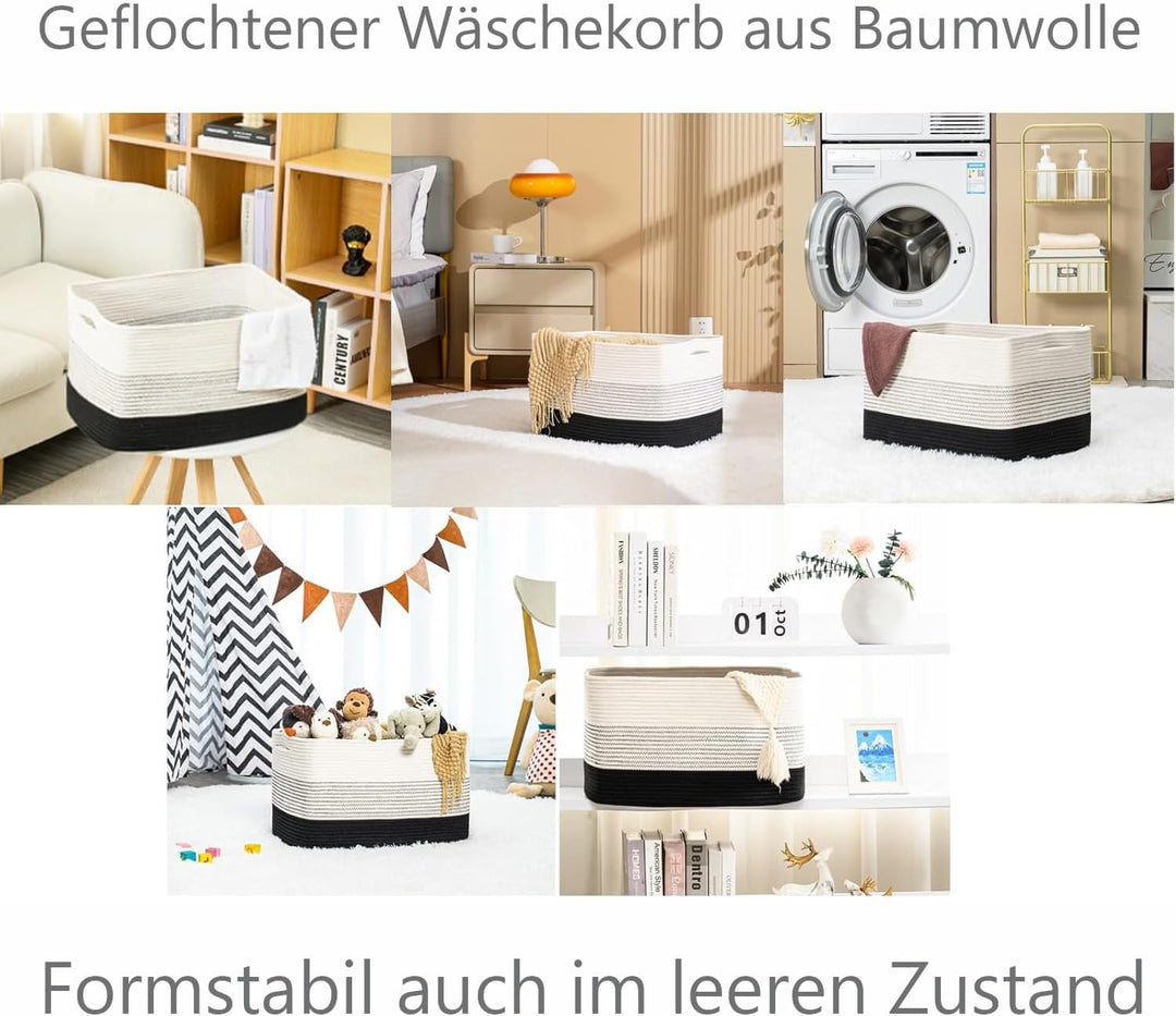 Wäschekorb geflochten aus Baumwolle (55x43x30,5cm) - Handgefertigter Wäschesammler mit Griff - Weiss