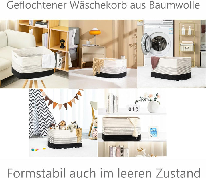Wäschekorb geflochten aus Baumwolle (55x43x30,5cm) - Handgefertigter Wäschesammler mit Griff - Weiss