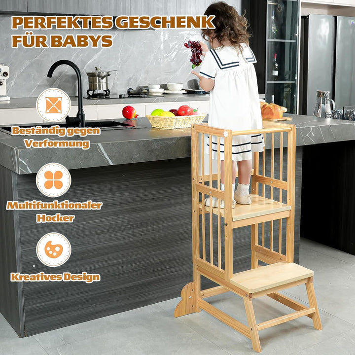 Toddler Tower Kleinkind-Turm, Tritthocker Lernhocker mit Maltafel, Sicherheitszaun & Kippschutz aus