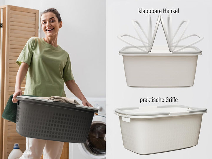 Hausfelder Wäschekorb + Wäschewanne mit Henkel 2er Set 35L Weiss – Kunststoff Tragewanne 58x37x25cm,