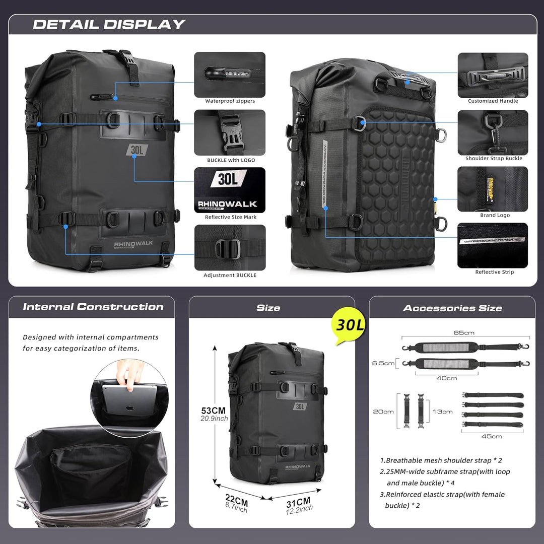 Rhinowalk Motorrad Sitztasche 8/15/30L Wasserdicht Motorradtasche Satteltaschen Gepäckträgertaschen