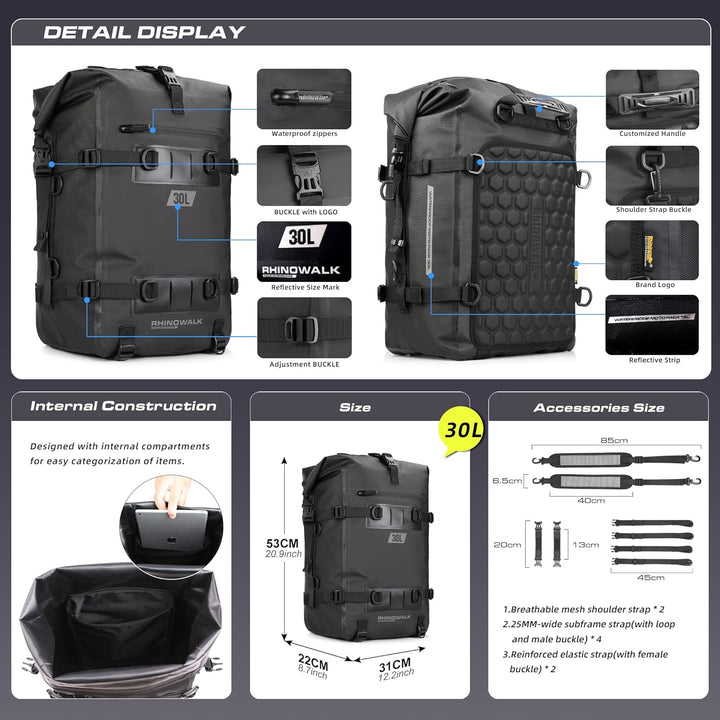 Rhinowalk Motorrad Sitztasche 8/15/30L Wasserdicht Motorradtasche Satteltaschen Gepäckträgertaschen