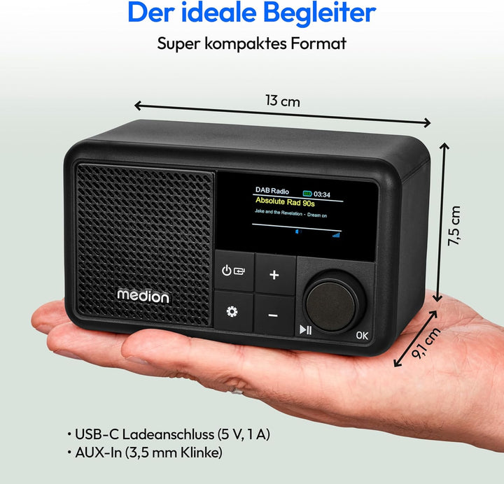 MEDION S66822 Tragbares Mini DAB+ Radio mit Bluetooth (Akku, dimmbares Farbdisplay, Teleskopantenne,