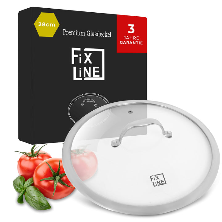 FIXLINE® Glasdeckel 28cm – Universal Topfdeckel aus gehärtetem Glas mit Dampfauslass & Edelstahlrand