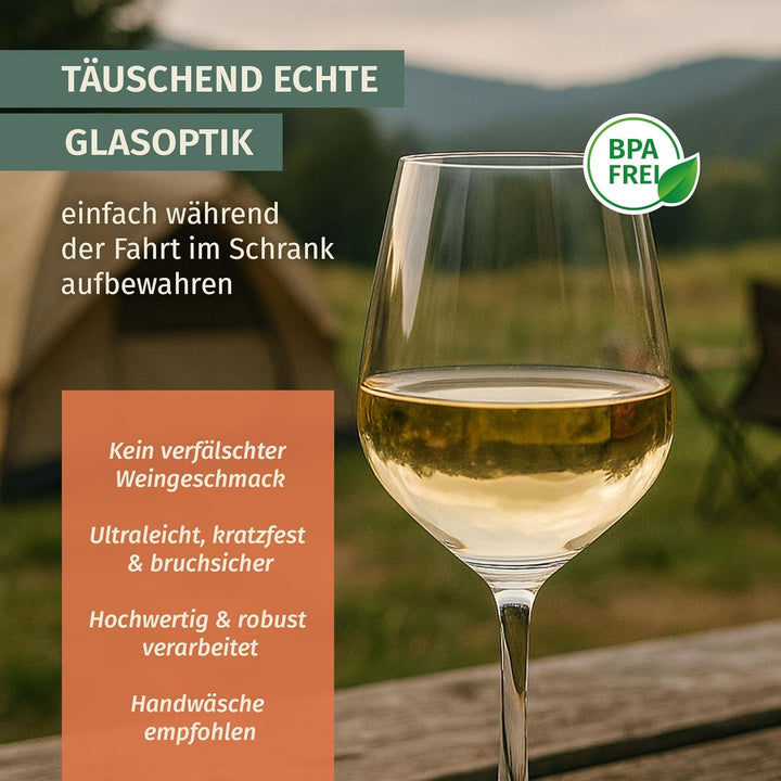 Melamin Camping Geschirr Set 4 Personen Stone Curry + 4 Timo Weiss Weingläser Tafelgeschirr Picknick