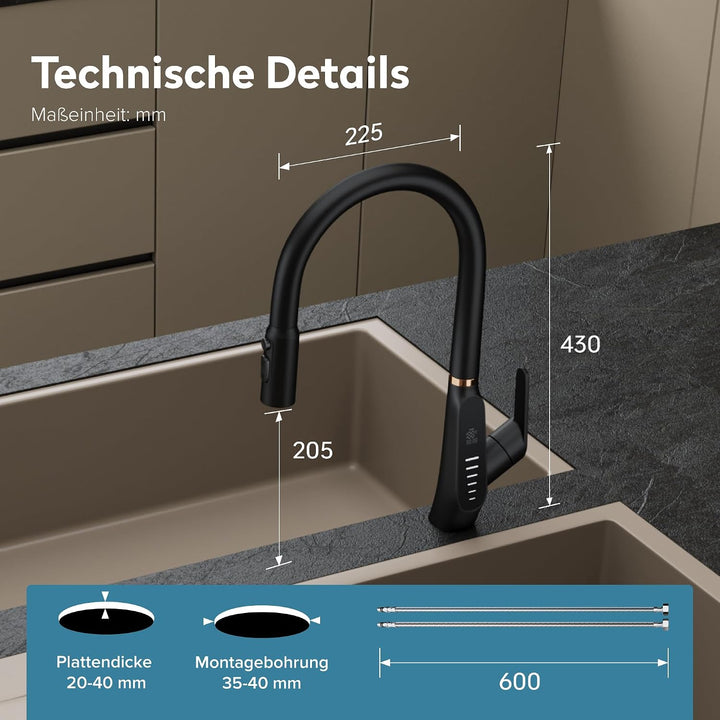 doporro Wasserhahn Küche Schwarz, Küchenarmatur mit LED Temperaturanzeige | Hochdruck ausziehbare Mi