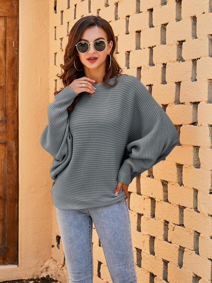 Fessceruna Damen Strickpullover Fledermausärmel Oversized Pullover Rundhalsausschnitt Winter Gerippt