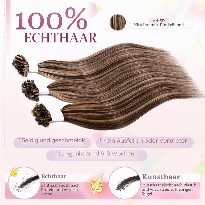 Elailite Echthaar Bonding Extensions Balayage Mittelbraun + Honigblond 25 Strähnen 25g Haarverlänger