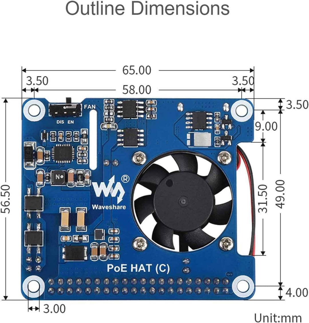 Waveshare Power Over Ethernet PoE HAT für Raspberry Pi 4 B /3B+, IEEE 802.3af/at PoE Netzwerk Standa