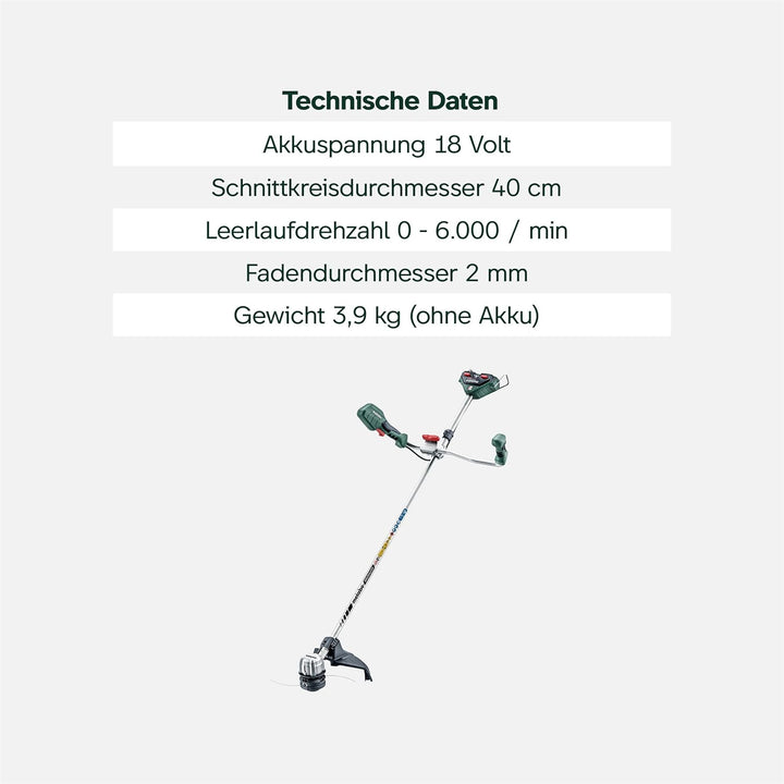 metabo Akku-Freischneider FSB 36-18 LTX BL 40 – 601611850 – 18 V – Leiser Akku-Freischneider mit Zwe