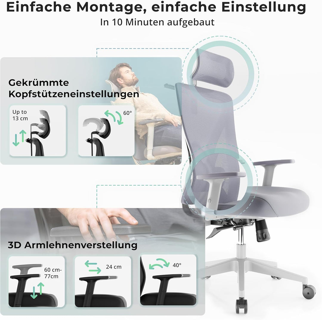 Backerz Bürostuhl Ergonomisch - Bürostühle 150kg, NEN 1335 Zertifiziert - Office Schreibtischstuhl -