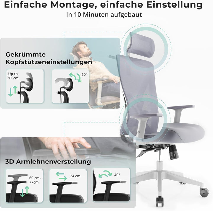 Backerz Bürostuhl Ergonomisch - Bürostühle 150kg, NEN 1335 Zertifiziert - Office Schreibtischstuhl -