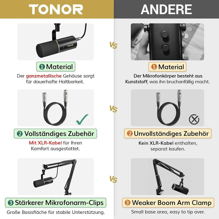 TONOR Gaming Microphone mit XLR/USB Kabel, Dynamisches Mikrofon PC mit Mikrofonarm und Mute Button,