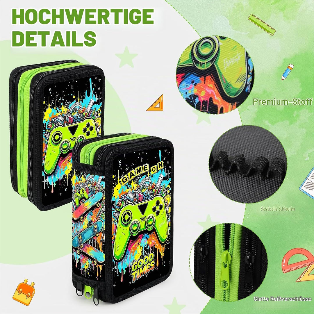 41 Artikel Federmappe Jungen, Federmäppchen 3 Fach Jungen Mäppchen Gefüllt Spiel Set, Federtasche 3