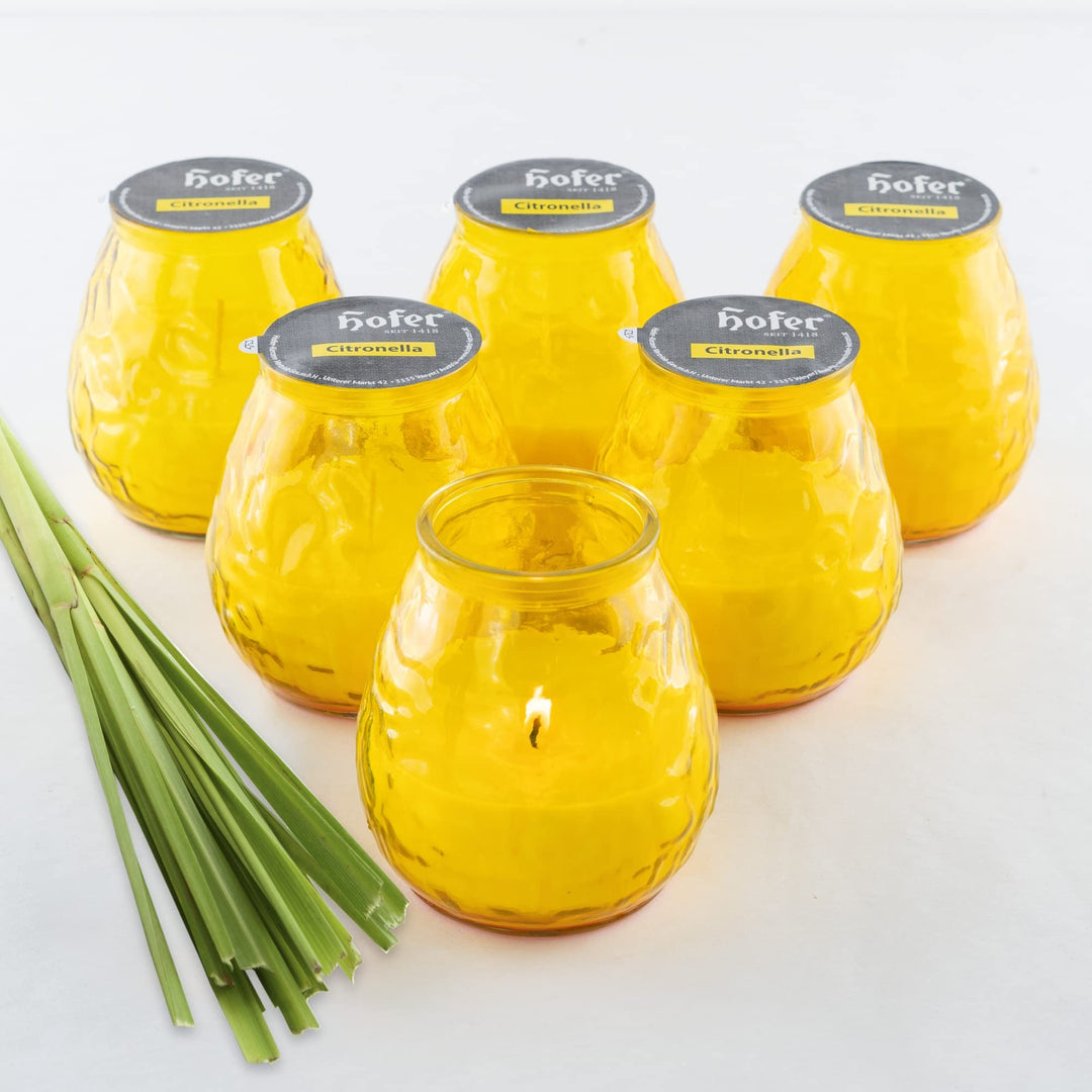 HOFER 6 x Bistro-Licht Citronella gelb | Windlicht Outdoor | Hochwertige Kerze im Glas mit Citronell