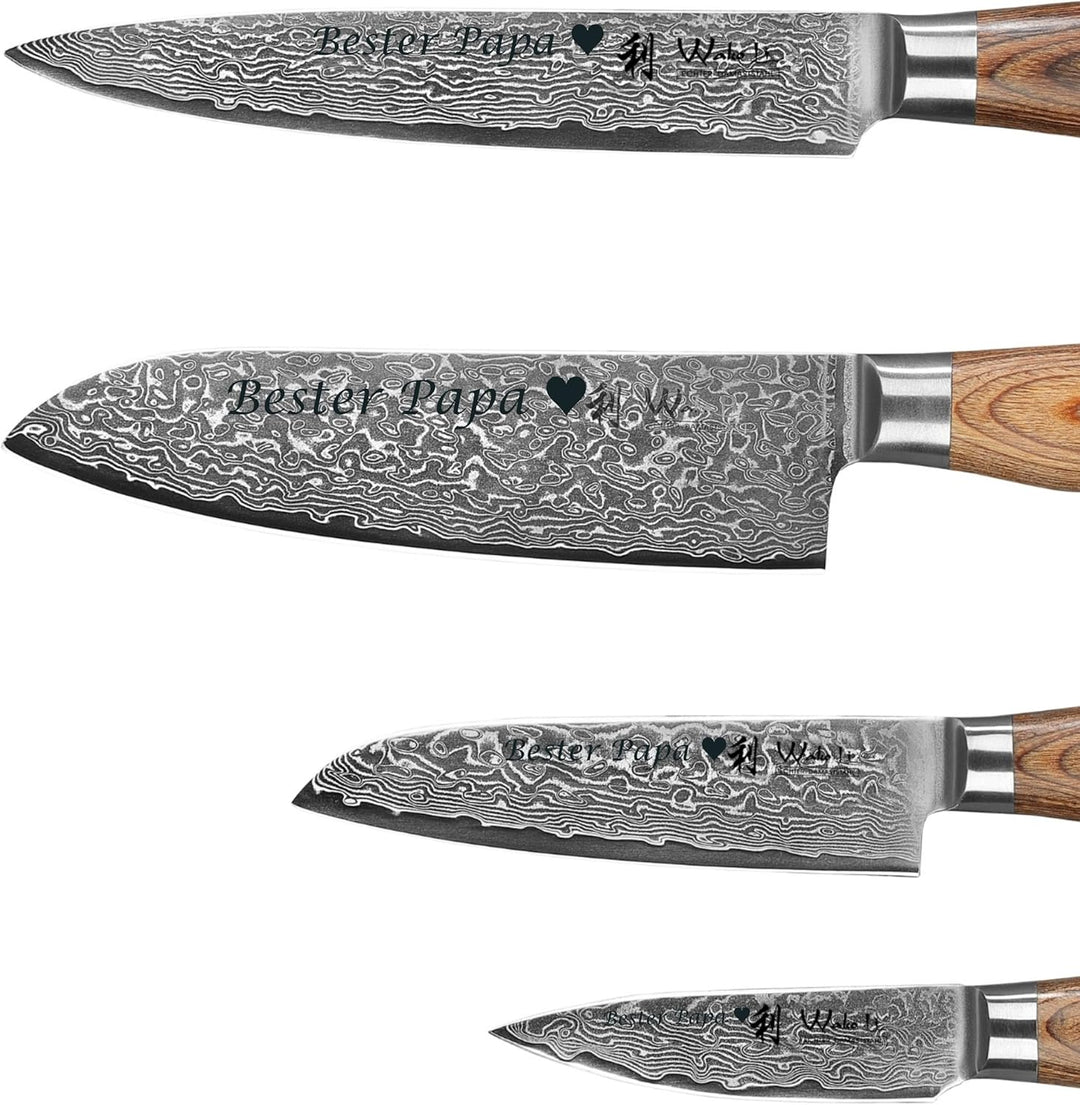 Wakoli EDIB Pro Damastmesser Set mit Gravur – Personalisiertes 4er Messerset, 17cm, 16cm, 11cm & 8cm