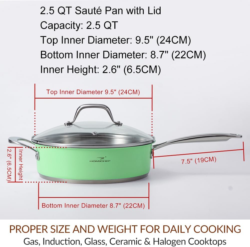 HOMICHEF 24 cm Mintgrün Nickel Frei Edelstahl Sauteuse mit Glasdeckel - 2,36 L ungiftig tief Bratpfa